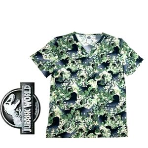 NEW Jurrasic World Tooniforms Vneck Scrub Top Black Green Short Sleeve Pockets
